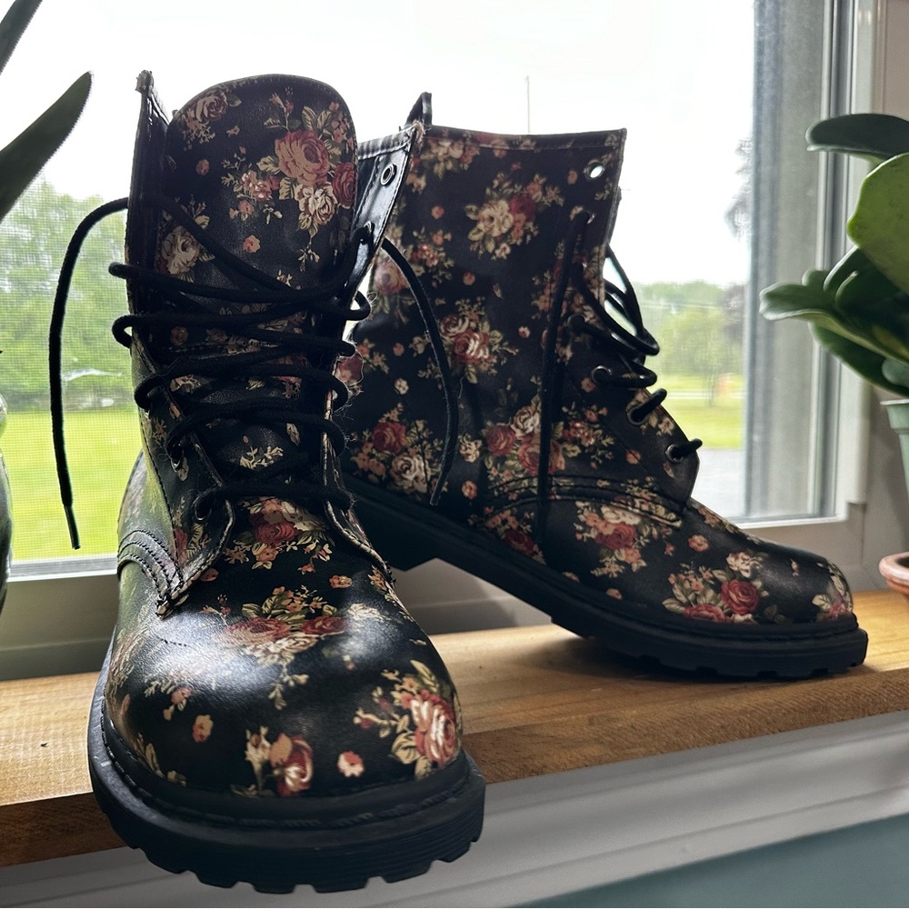 Black Floral Combat Boots